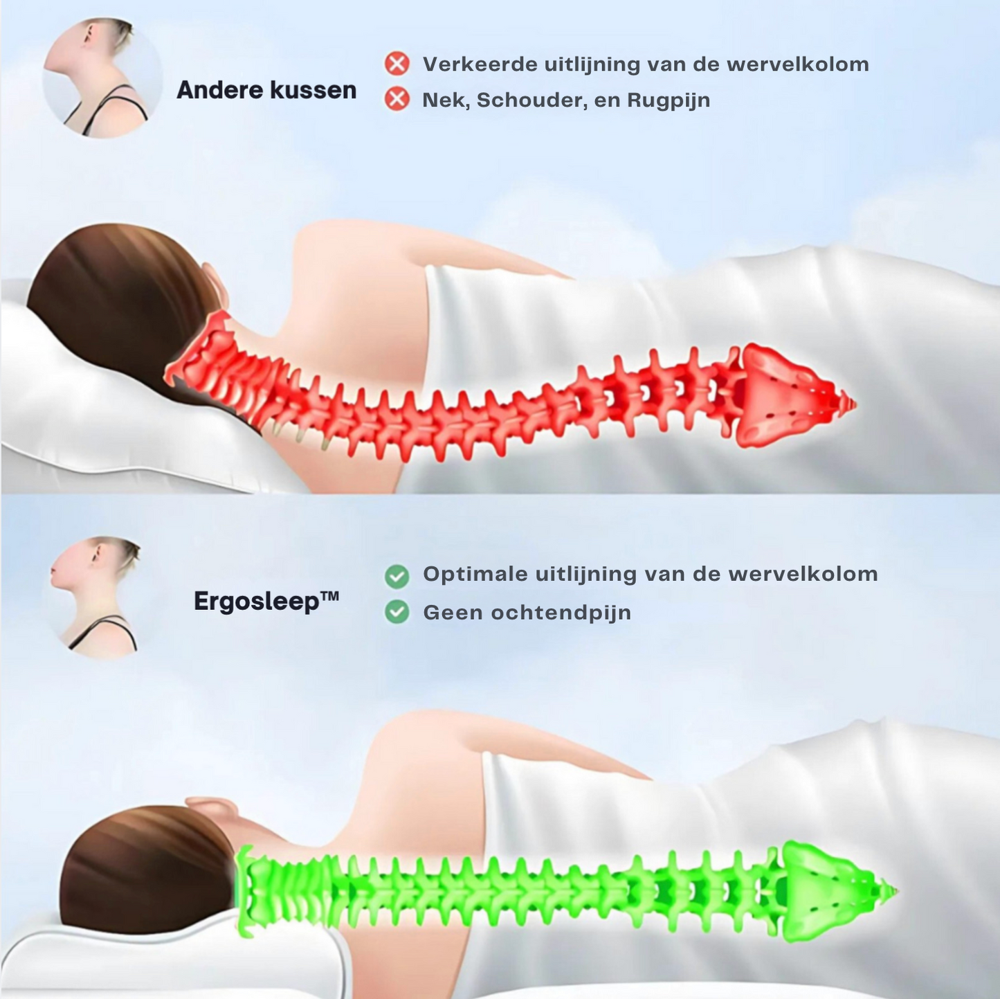 ErgoSleep™ | Elke ochtend wakker met pijn? Dit kussen maakt daar een einde aan.